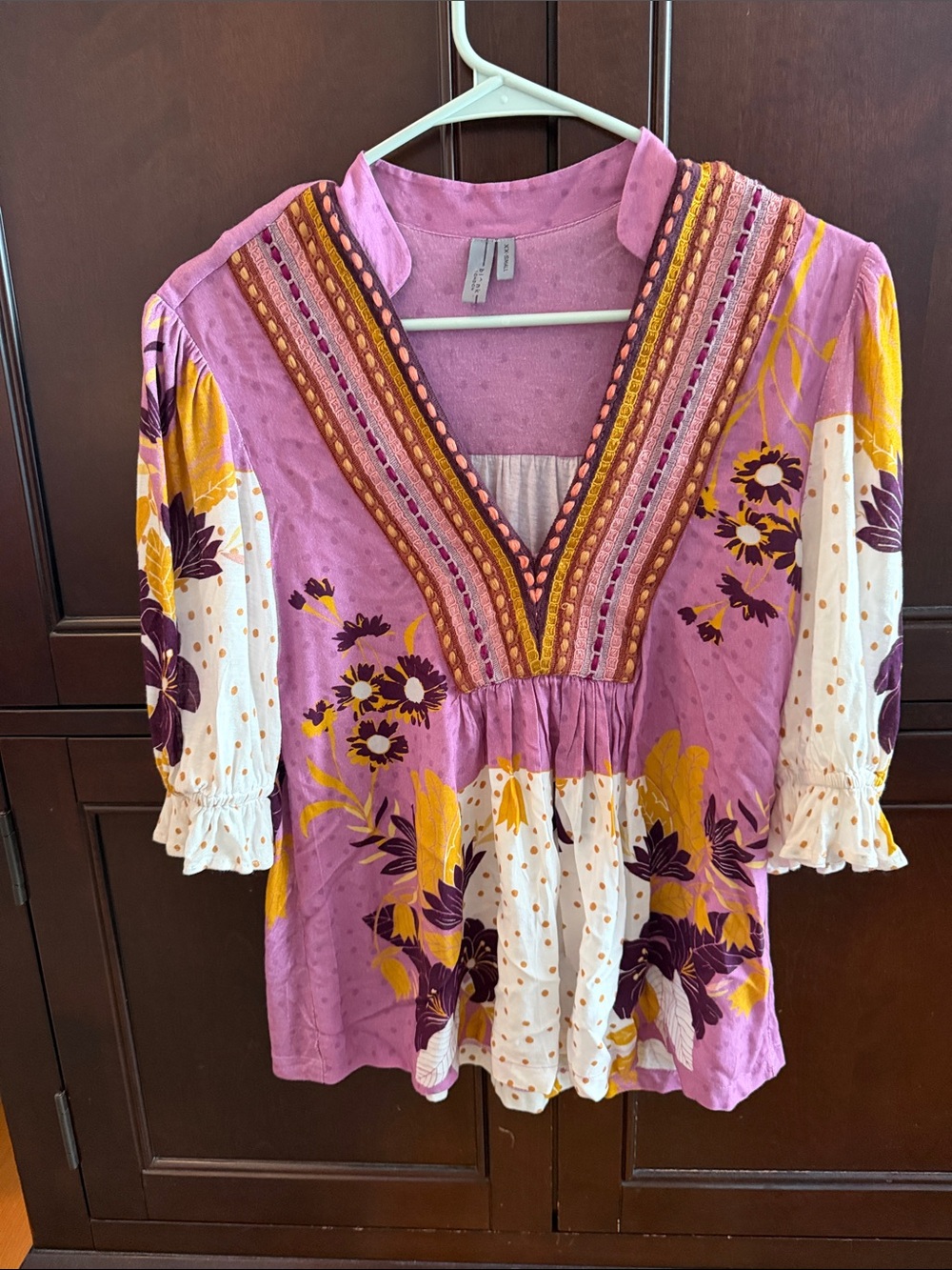 Anthropologie Lavender Floral Embroidered V-Neck Tunic
